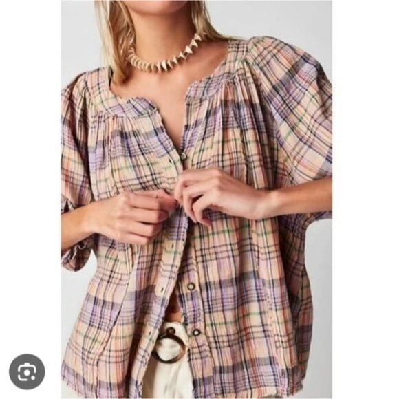 Free People Lucy Boho Lagenlook Hippie Gypsy Distressed Swing Plaid Swing Top XS - Picture 1 of 12